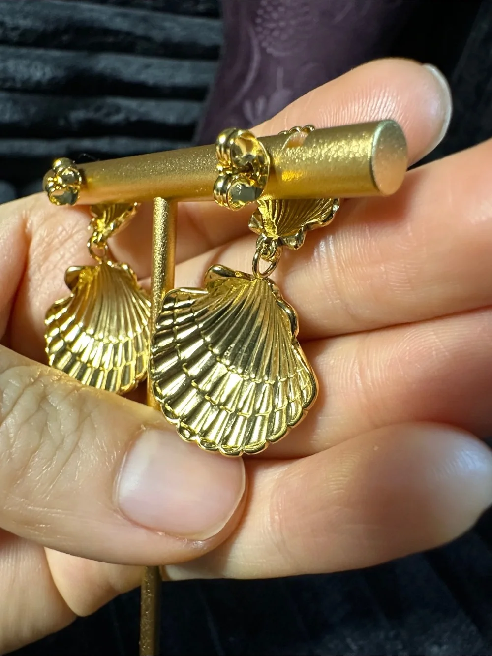 Kenneth Jay Lane Gold Shell Double-Drop Earrings - Picture 7 of 8